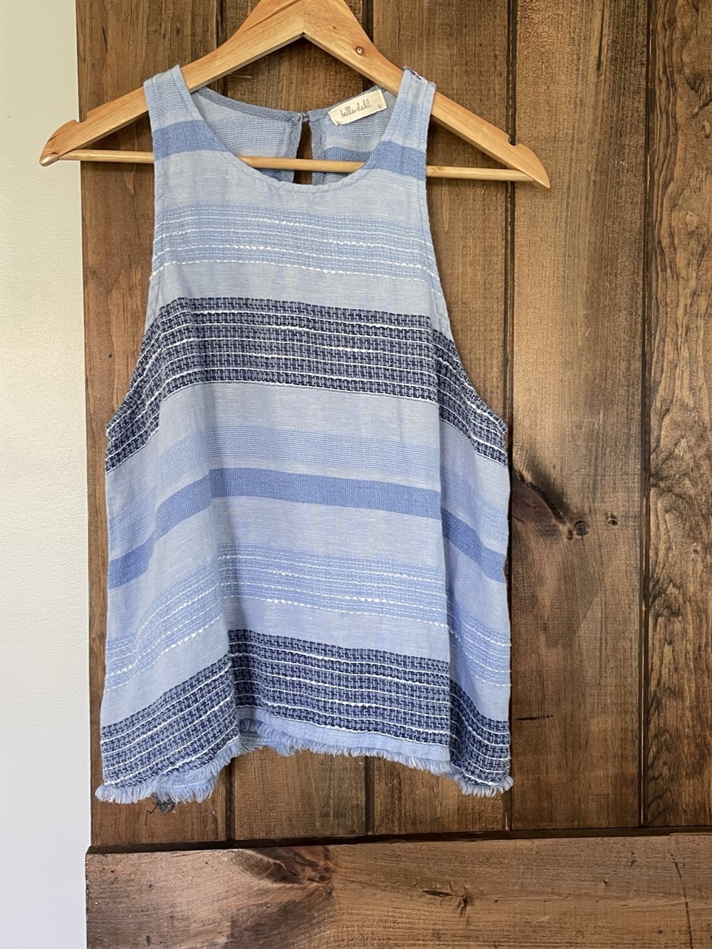 Bella Dahl Linen Blend Blue Woven Textured Raw Hem Tank Blouse Large